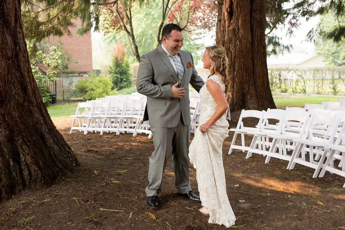​McMenamins Grand Lodge Weddings  from Robert Knapp Photographerbride and groom speak before the guest are seated under the redwood grove